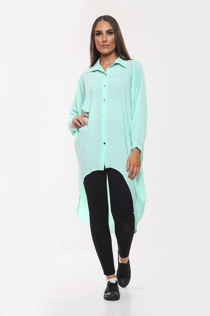 High-Low Oversized Button Long Top Shirt Dress With Hem And Long Sleeves