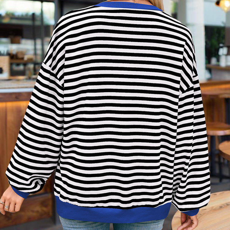 Women's Casual Crewneck Striped Long Sleeve Sweatshirt - Comfortable Loose Fit Ribbed Knit Top For Spring&Fall