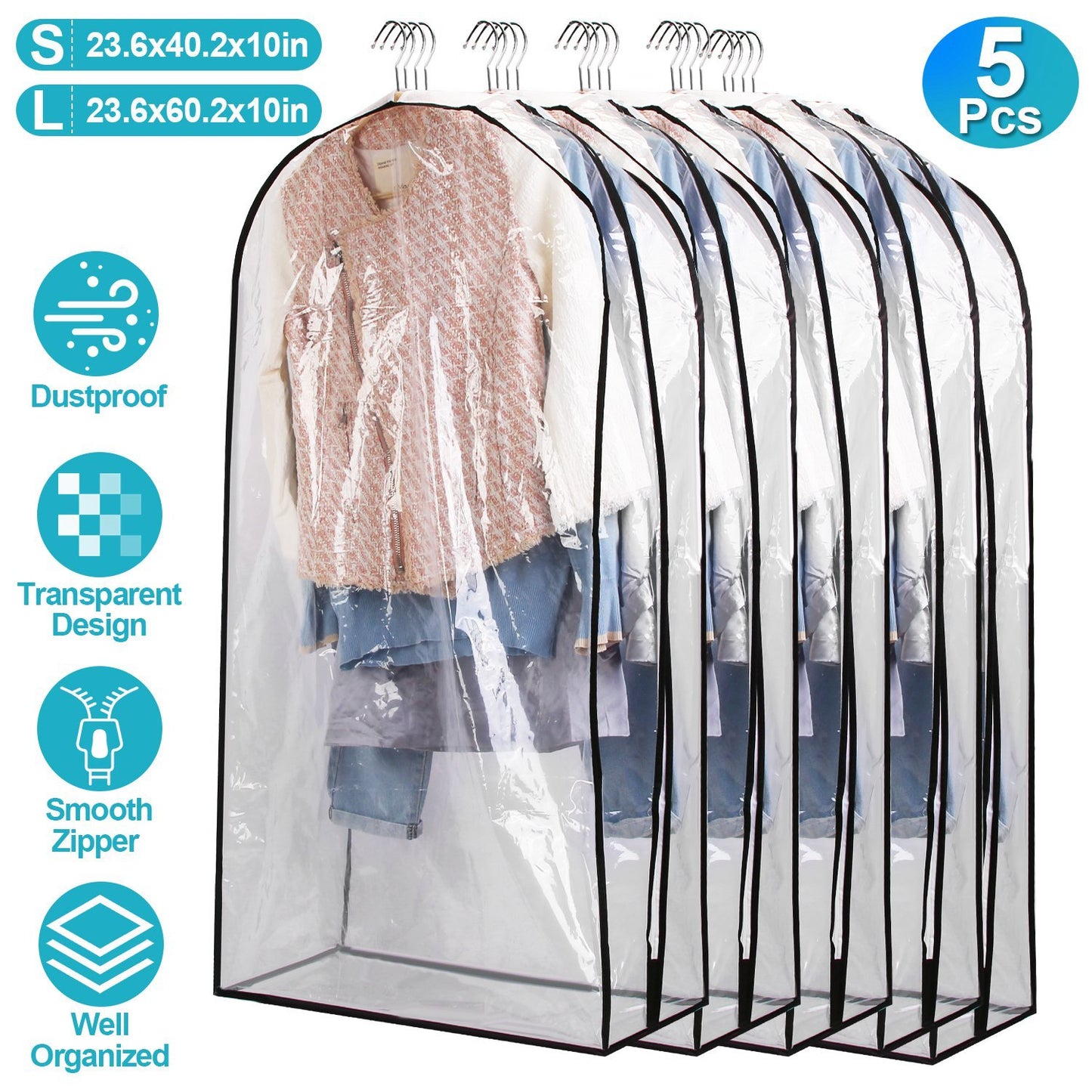 5 Pack 60In OR 40In Options Garment Bag For Hanging Clothes Dustproof Waterproof Hanging Clothes Storage Bag Clear Transparent Suits Cover For Sweater Jacket Coat Dress Shirt