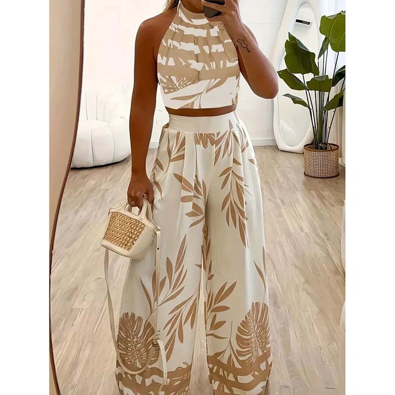 Women's 2 Piece Outfits Plants Graphic Print Crop Halter Top And Wide Leg Pants Set