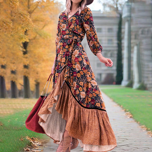 Women's Elegant V-Neck Floral Dress - Cross Front Detail & Tiered Ruffle Hem Flowing Bohemian-style Dress