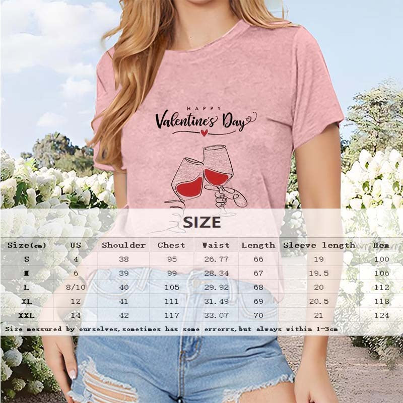 Women's Round Neck Short Sleeve T-Shirt With Wine Glass Cheers Print Casual Summer Top