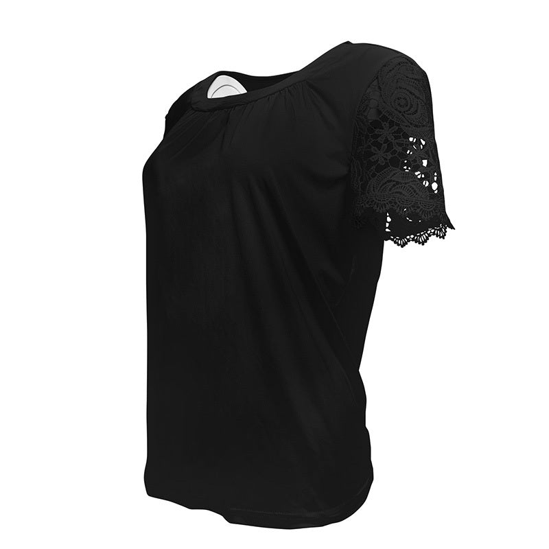 Womens Lace Short Sleeve Crew Neck T Shirts Summer Casual Tops Loose Fit Tees Blouses