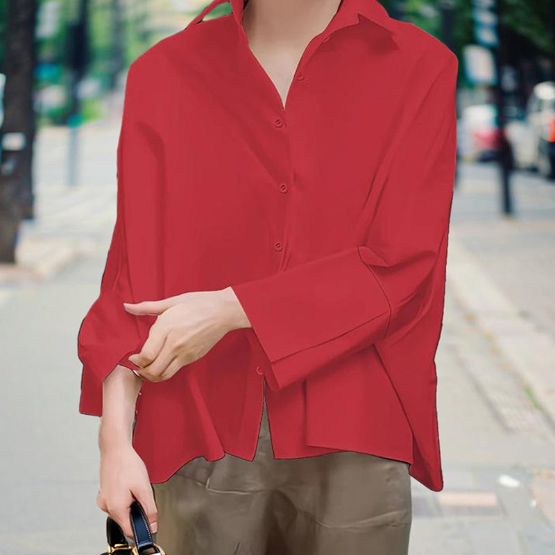 Women's Solid Color Fashion V-Neck Blouse - Puff Sleeve Button-Down Long-sleeved Shirts For Spring & Fall