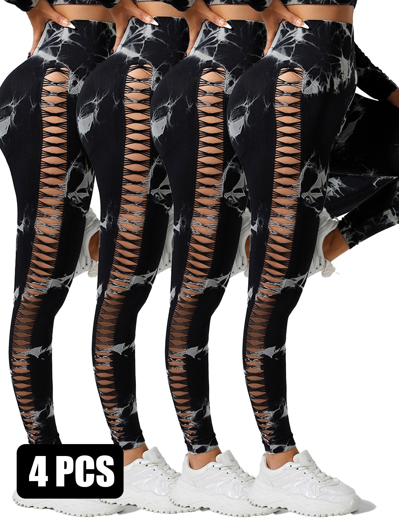 4PCS Tie-dye Cut-out Leggings Sports Leggings