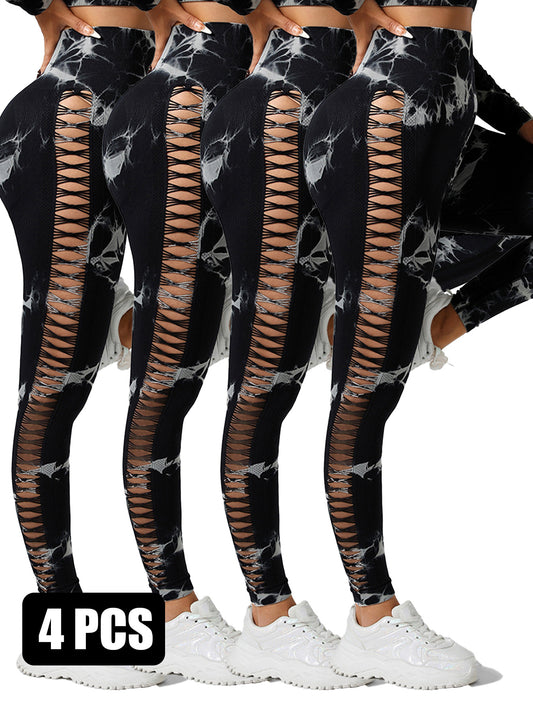 4PCS Tie-dye Cut-out Leggings Sports Leggings