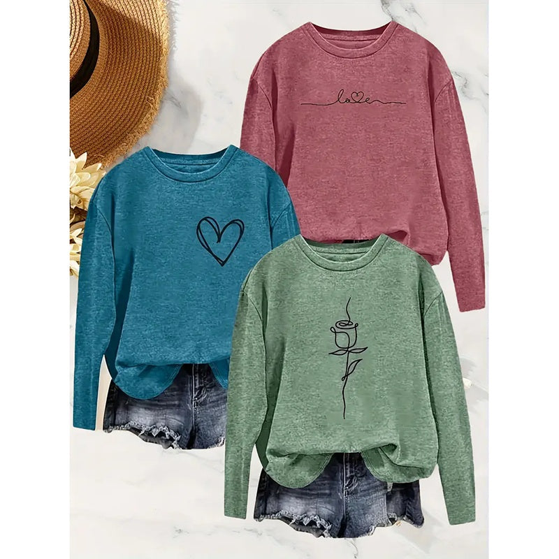 Women's 3-Pack Graphic Tee Long Sleeve Tops Casual Loose V Neck T Shirts