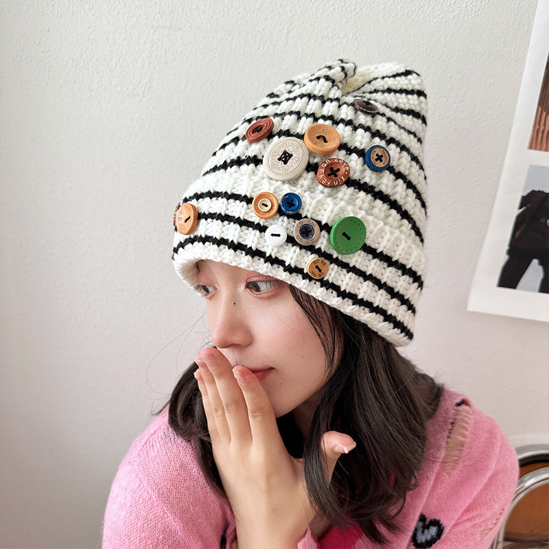 Autumn And Winter Buttons Knitted Hat Warm Ear Protection All-match And Cute Pile Heap Cap