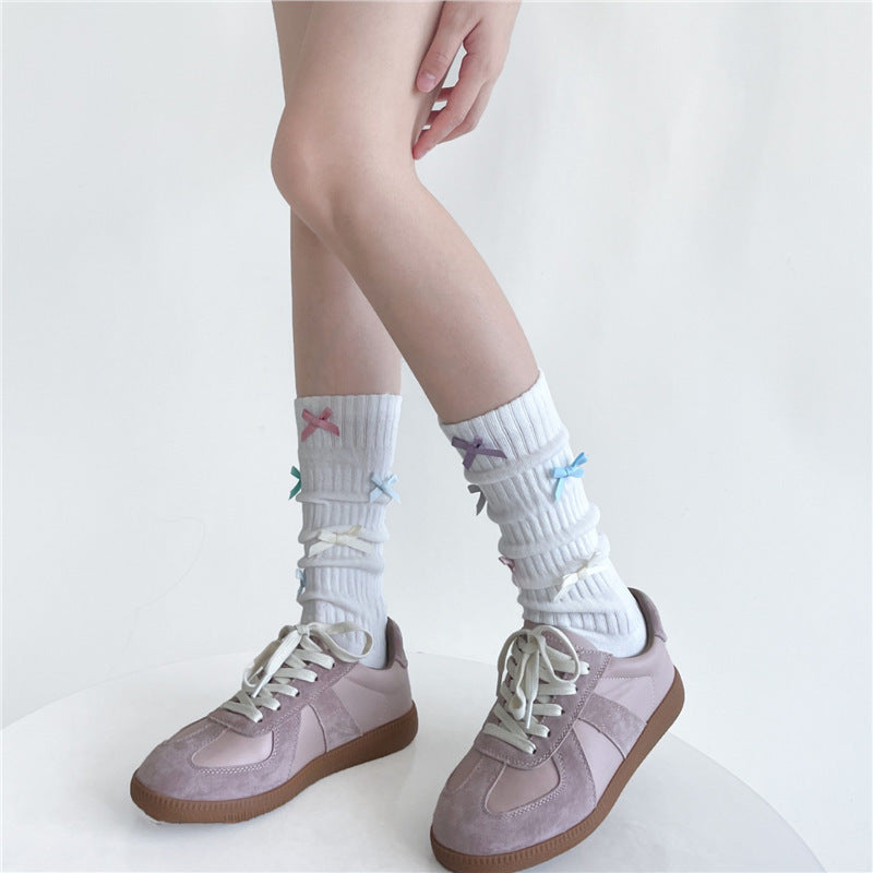 Candy-colored Bow Pile Style Calf Socks Women's Handmade Tube Socks