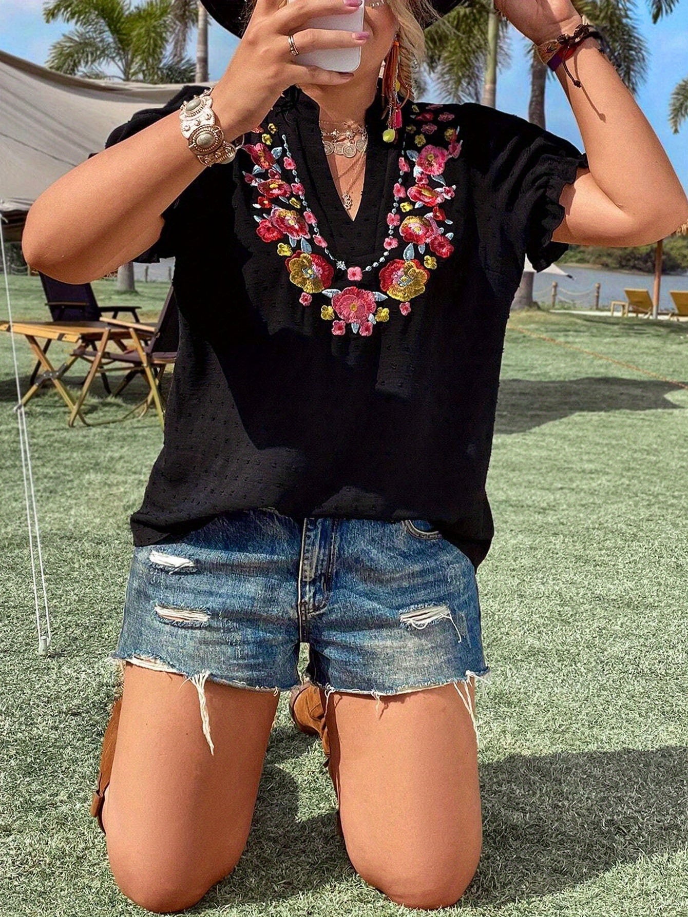 Women's Plus Size Floral Embroidery Summer Casual Short Sleeve V-Neck Swiss Dot Blouse Top