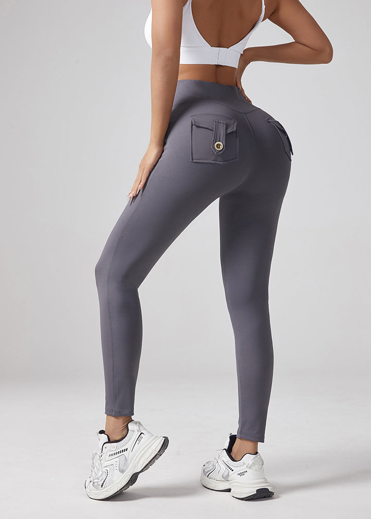 V-waist Yoga Elastic Tight Pants, Women's Peach Hip Lifting Running Speed Drying Yoga Pants, Workwear Pocket Button Pants