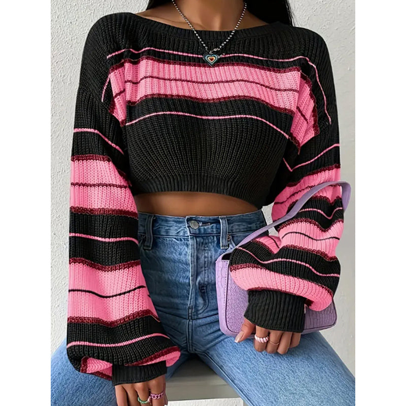 Women's Color Block Striped Sweater Crew Neck Lantern Sleeve Cropped Pullover Tops