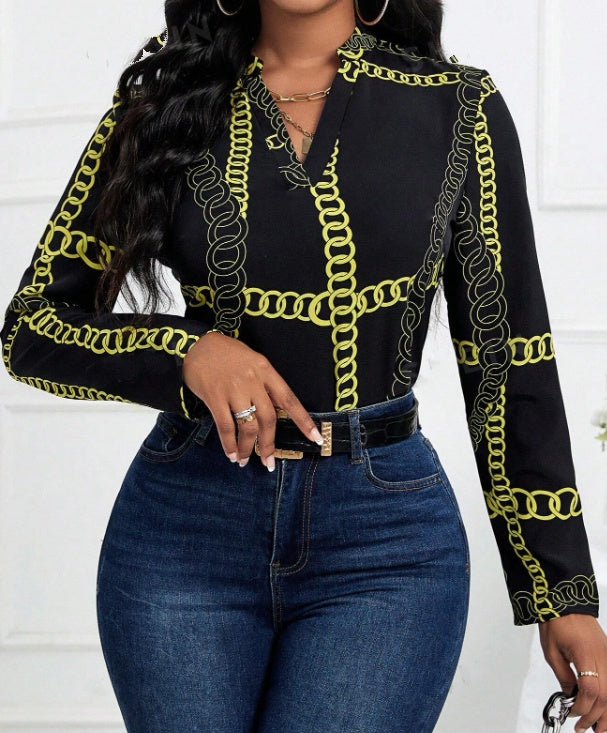 Ladies' Chain V-neck Printed Fashion Shirt