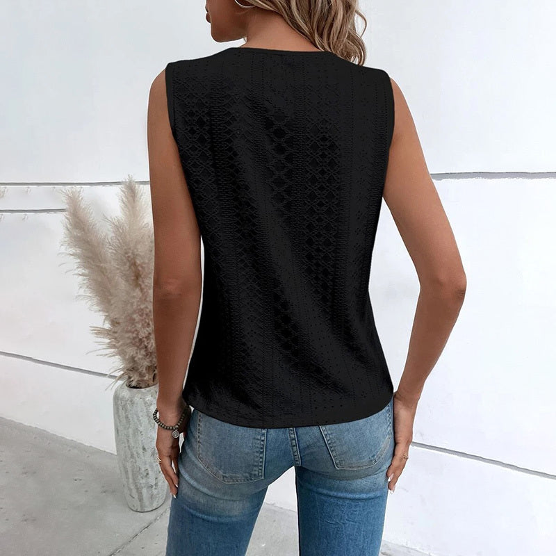 Women's Floral Lace Trim V Neck Tank Top Casual Hollow Out Sleeveless Eyelet T Shirt