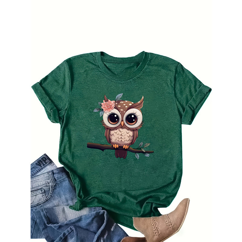 Women's Owl Print Round Neck Tee Summer Casual Top