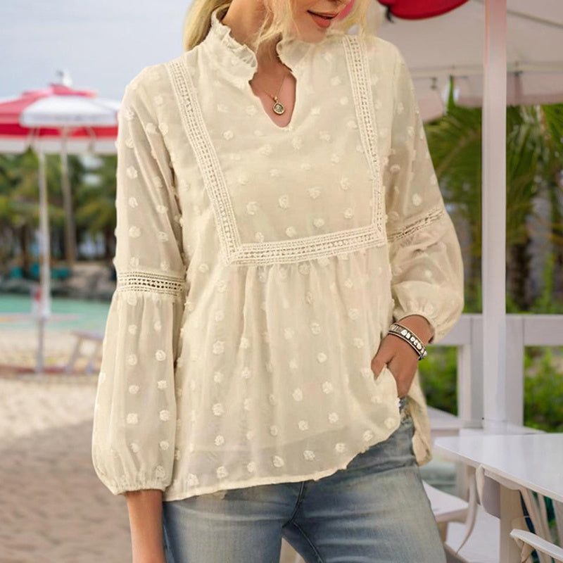 Women's V-Neck Long Sleeve Blouse - Lace Cutout & Jacquard Detail Loose Top Spring Summer Casual Shirt