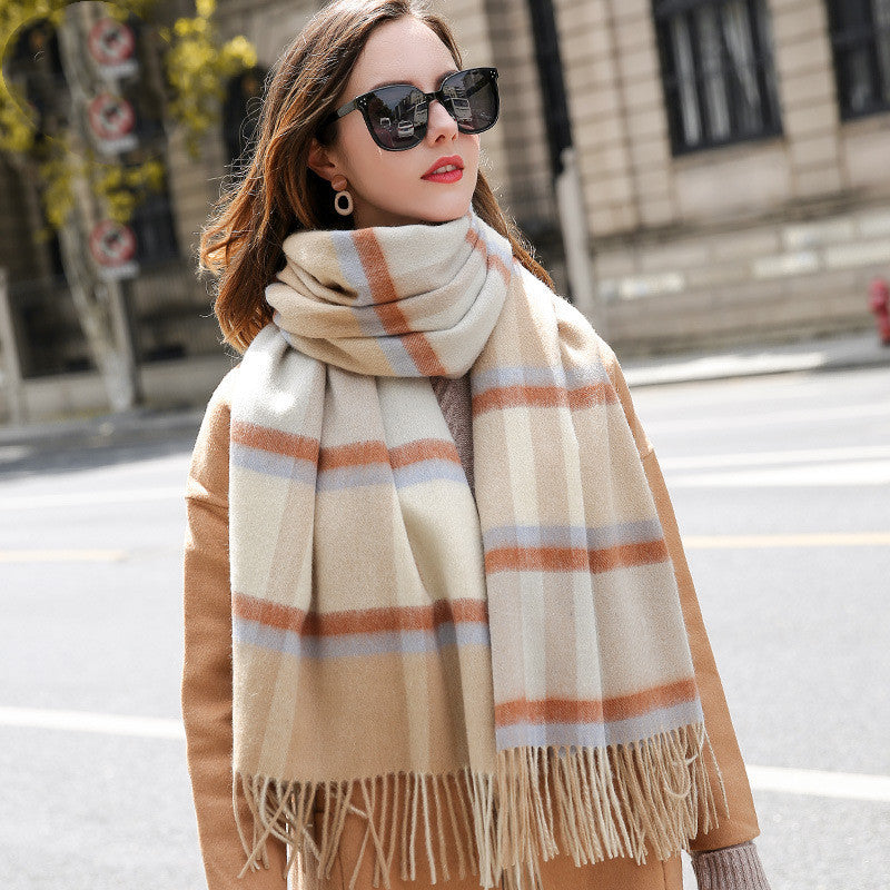 Female Fringed Plaid Wool Scarf British Style Wool Shawl