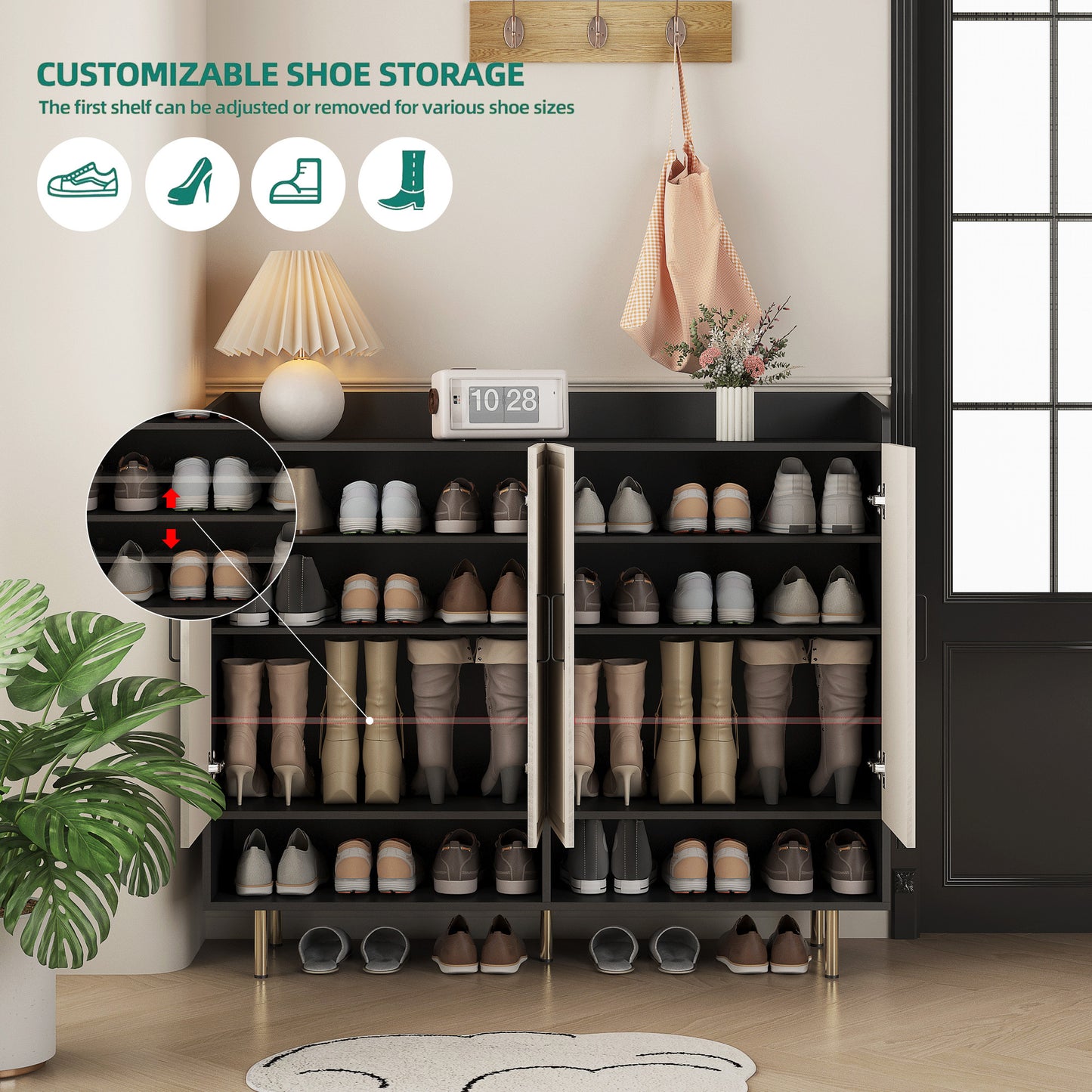 Sideboard,Shoe Cabinet With 4 Doors Large Modern Shoe Storage Organizer Cabinet With Adjustable Shelves For Entryway Slim Black Shoe Rack Cabinet For Closet