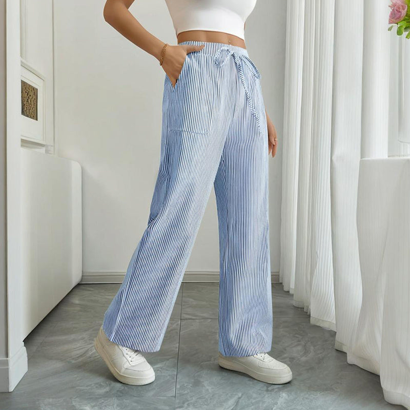 Women's Striped Print Straight Wide Leg Pants Drawstring Waist Slant Pockets Pants Casual Long Pants