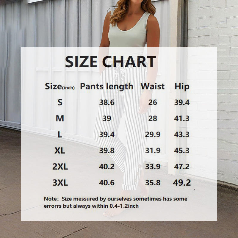 Women's Striped Elastic Waist Pants - Button Accent With Pockets, Casual Comfort Trousers For Spring&Fall