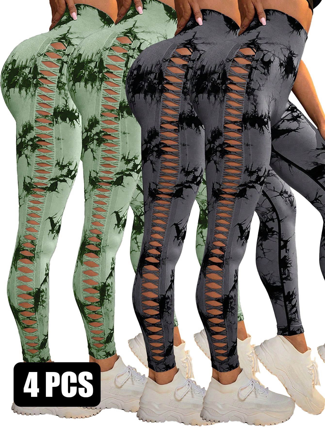 4PCS Tie-dye Cut-out Leggings Sports Leggings