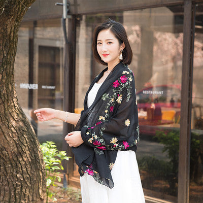 Embroidered Cotton And Linen Scarf Travel Sunscreen Ethnic Style Silk Scarf