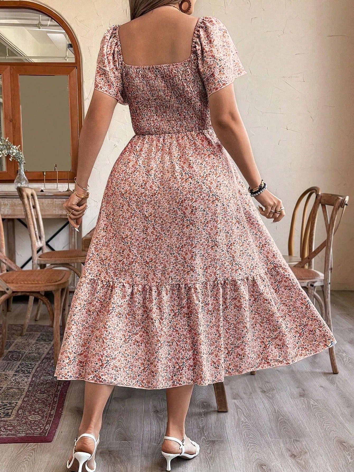 Women's Plus Size Backless Midi Dress For Summer Party - Elegant Pleated Printed Dress