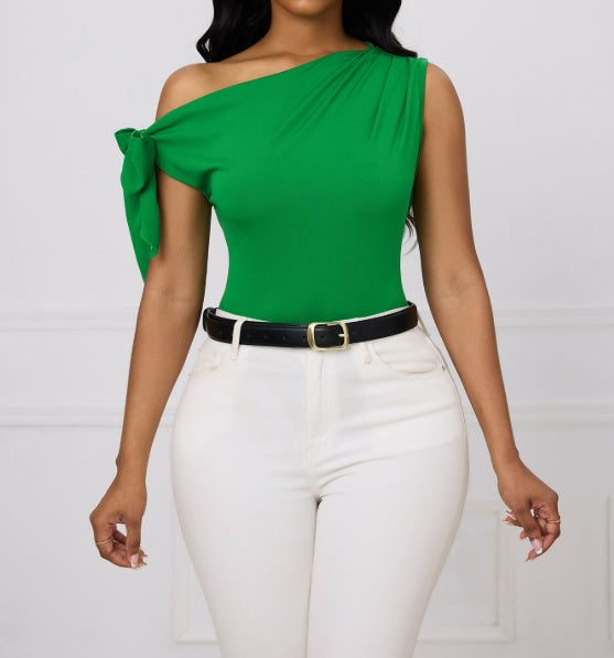 Ladies' Fashionable And Elegant Sloping Shoulder Off Shoulder Solid Color Temperament Shirt Top