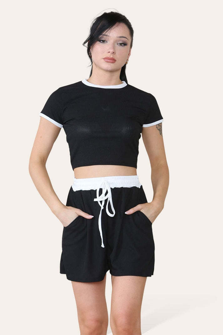 Ribbed Contrast Waistband Top And Short Set