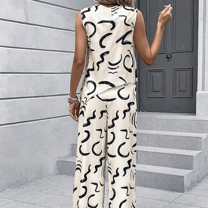 Ladies' Round Neck Irregular Hem Abstract Vest And Loose Wide Leg Pants Set