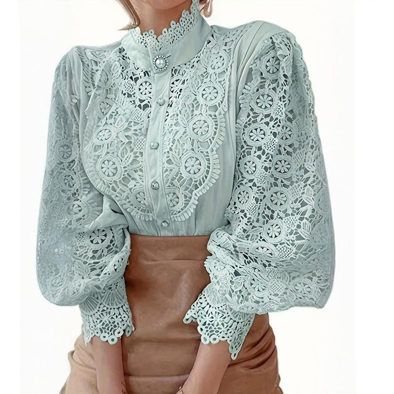 Elegant Women's Vintage Pearl Button Lace Blouse - Puff Sleeve Semi-Sheer Ruffled Stand Collar Shirt Spring&Summer Office & Vacation Top