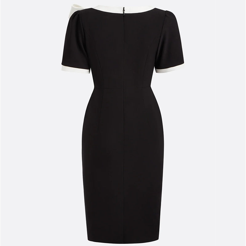 Women's Round Neck Bow Knot Contrast Color Bodycon Knee-Length Short Sleeve Dress Summer Party & Banquet Dress