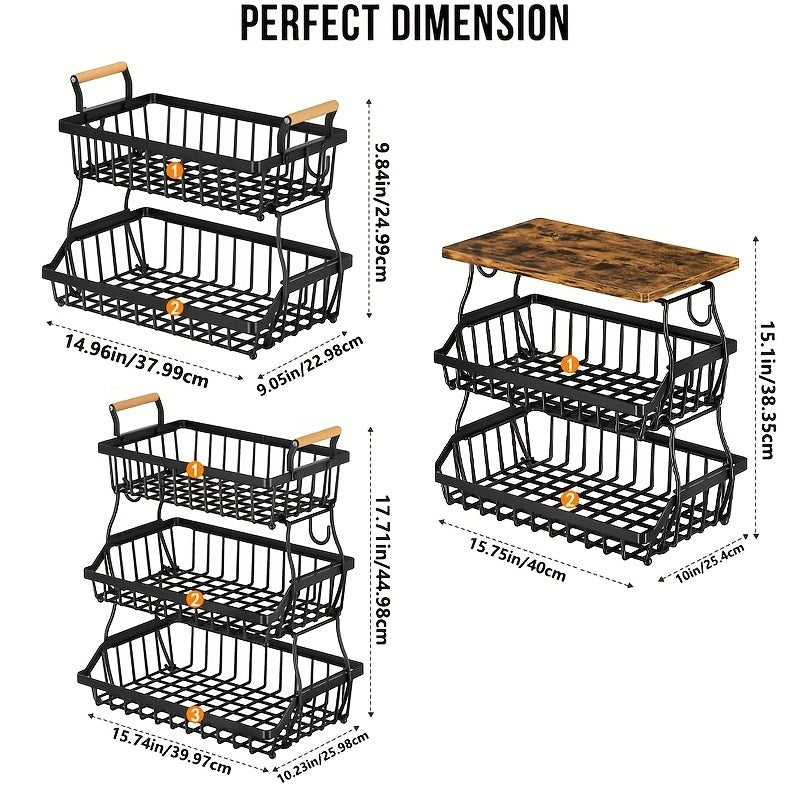 1pc 3-Layer Fruit Basket For Kitchen With 2 Banana Hooks, Suitable For Kitchen, Bread Vegetable Fruit Organizer With Wooden Handle, Large Capacity Rectangular Storage Rack, Black, Suitable For Restaur