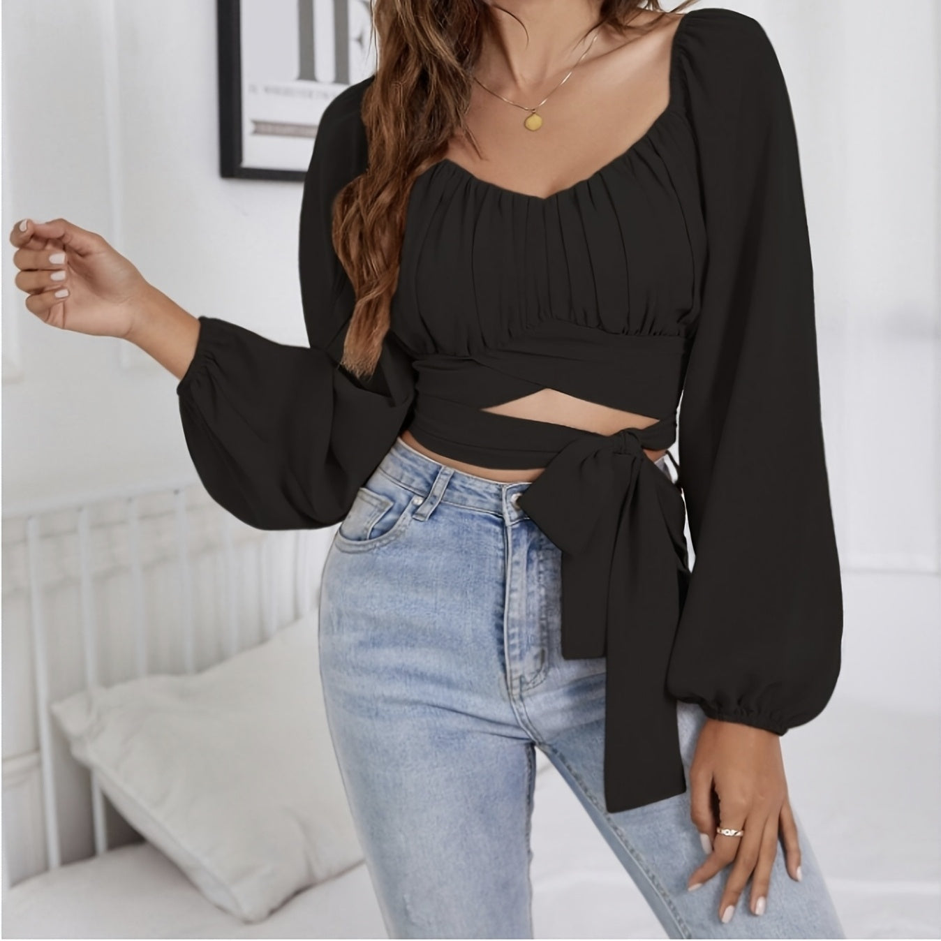 Ladies' Fashionable And Sexy Long Sleeved Lace Up Short Top Korean Retro Slim Fit Bubble Sleeve Personalized Square Neck Shirt Solid Color Slimming