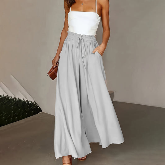 Plus Size Wide Leg Pants - Stylish Solid Paper Bag Waist Design, Elegant Pocket Tie Front, Loose Fit For Comfort, Perfect For Spring & Summer, Women's Fashionable Clothing For Curvy Figures