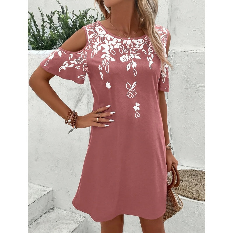 Women's Summer Cold Shoulder Crew Neck Floral Print Dress Beach Vacation Boho Mini Sundress
