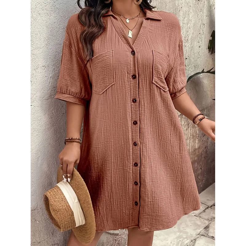 Womens Cotton Shirt Dress Summer Casual Short Sleeve Button Down V Neck Loose Mini Dress With Pockets