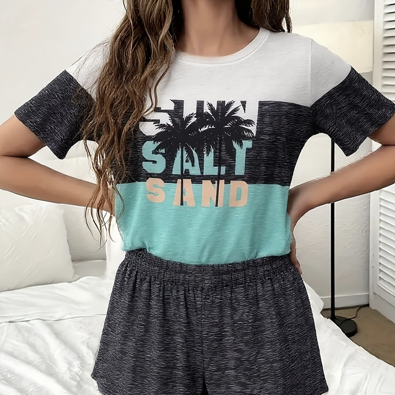 Women's Coconut Printed Vacation Style Fashion Shorts Short Sleeve Set Two Piece Set