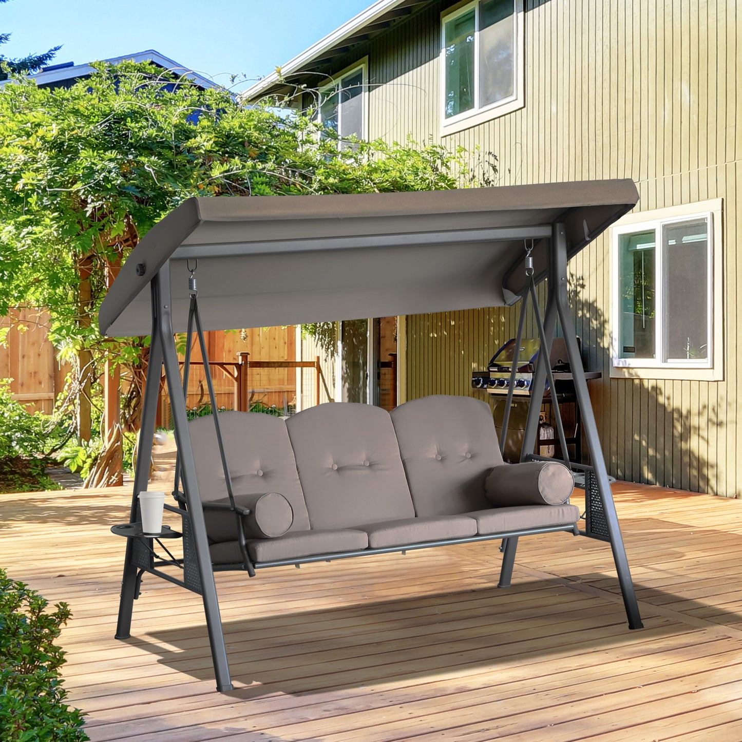 Patio Swing Bench 3-Person Steel Canopy Cushioned With Side Trays Comfortable Brown