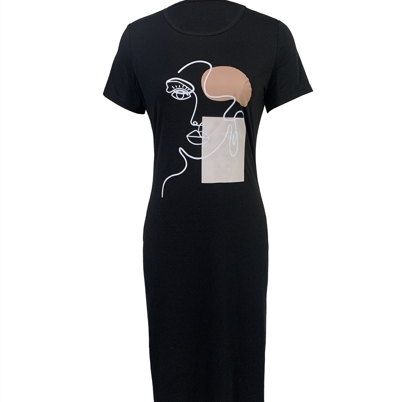 Women's Face Printed Round Neck Side Slit Dress