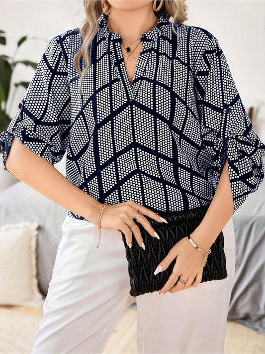 Women's Plus Size Summer Dot Print V-Neck Elbow Sleeve Blouse - Resort Casual Work Top