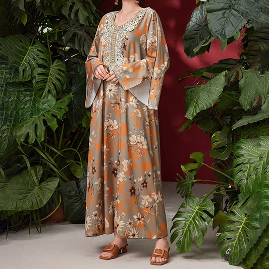 Women's Elegant Plus Size Floral Print Maxi Dress - Middle Eastern Bohemian Style Embroidery Long Dress