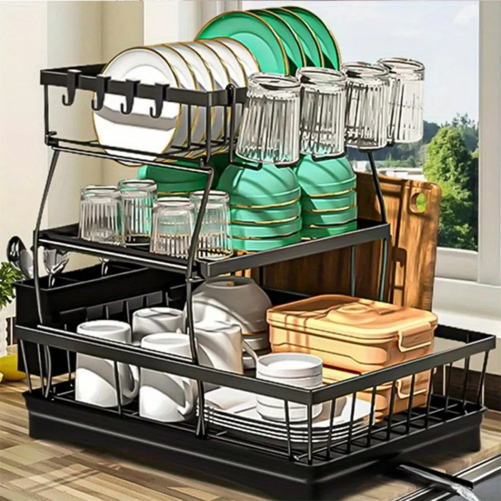 3 Tier Dish Racks For Kitchen Counter - Automatic Drainage Large Dish Drying Rack - Rust Proof Dish Drainers For Kitchen Counter