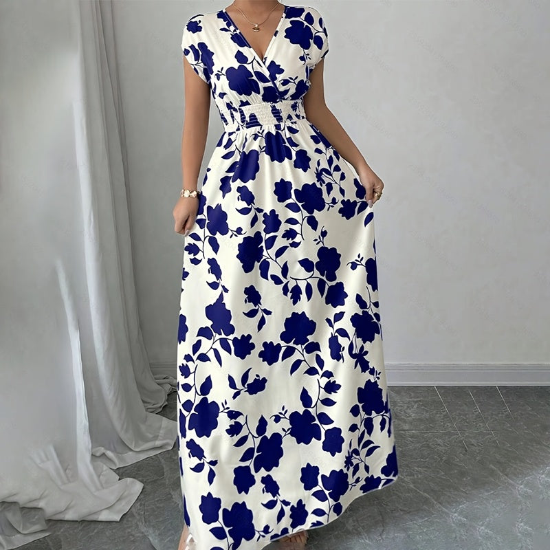 Women's Wrap V Neck Short Sleeve Empire Elastic Waist Summer Casual Elegant Maxi Long Dresses