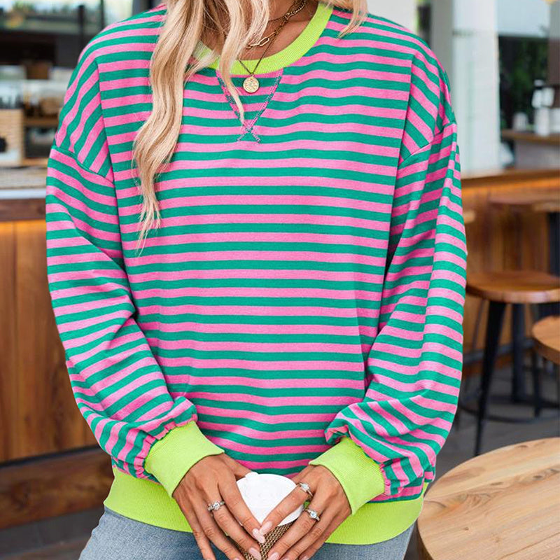 Women's Casual Crewneck Striped Long Sleeve Sweatshirt - Comfortable Loose Fit Ribbed Knit Top For Spring&Fall