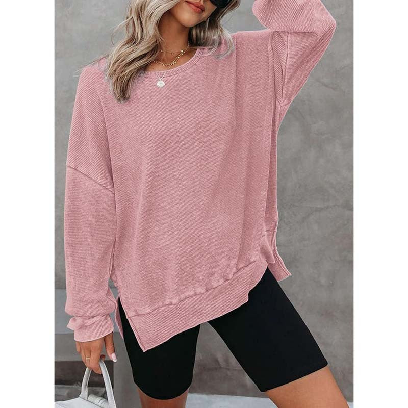 Womens Waffle Knit Crewneck Sweatshirts Long Sleeve Side Slits Casual Pullover Sweatshirt Tops