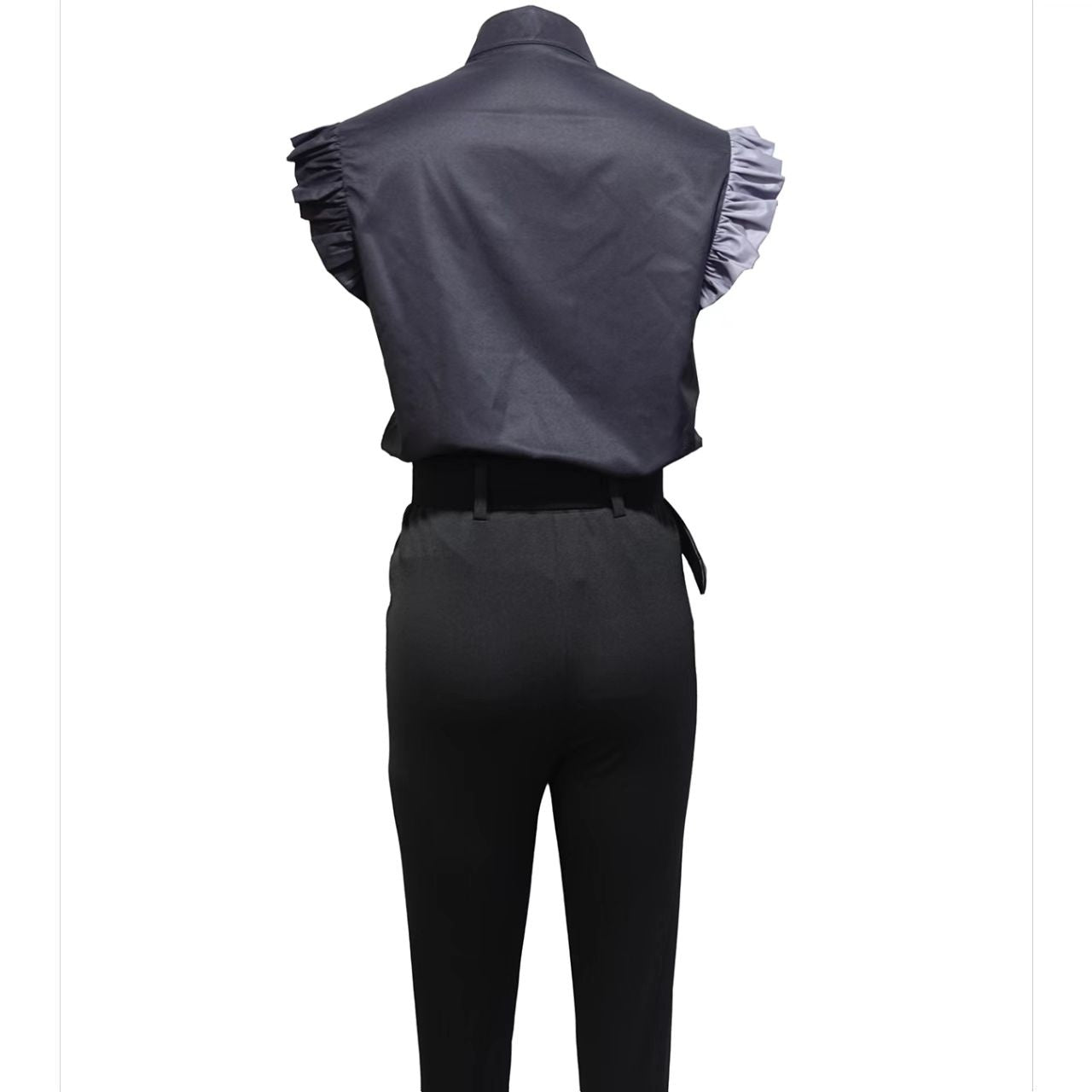 Ladies' V-neck Button Up Petal Sleeve Printed Off Shoulder Shirt Set