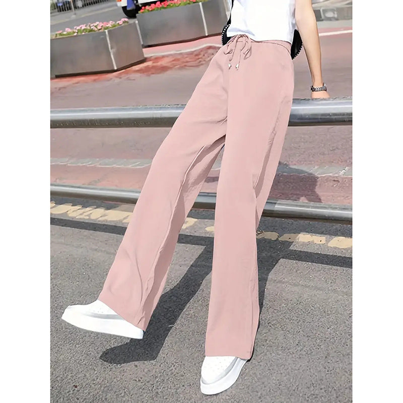 Women's Casual Pants Drawstring Elastic Waist Pants Flowy Wide Leg Trousers With Pockets
