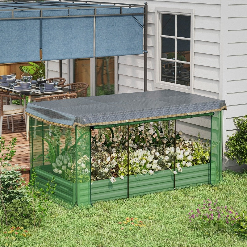 Galvanized Steel Planter Box With Crop Cage And Shade Cloth, Raised Garden Bed-Green
