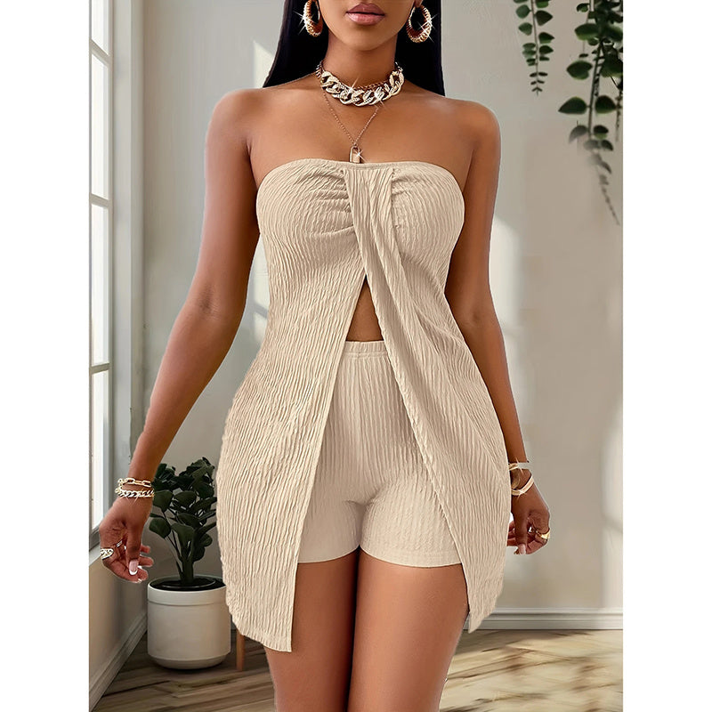 Women's 2 Piece Outfits Elegant Textured Strapless Ruched High Slit Tube Top And High Waist Skinny Shorts Shorts Set